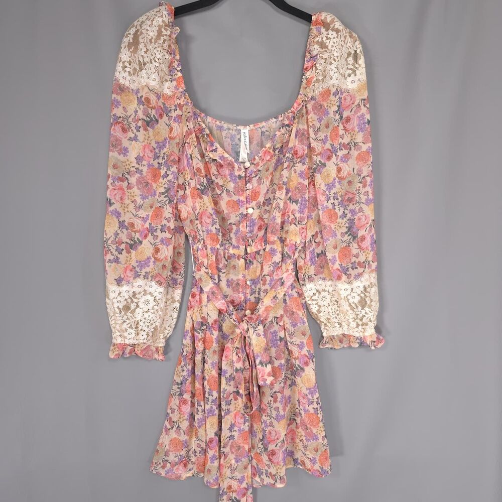 FOR LOVE‎ & LEMONS Women's Floral Lace Robe MEDIUM Mini Dress Sheer SKSFP1105